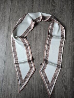 Long Skinny Scarf Ivory Brown Geometric Neck Tie Hair Ribbon Bag Tie 58" Satin